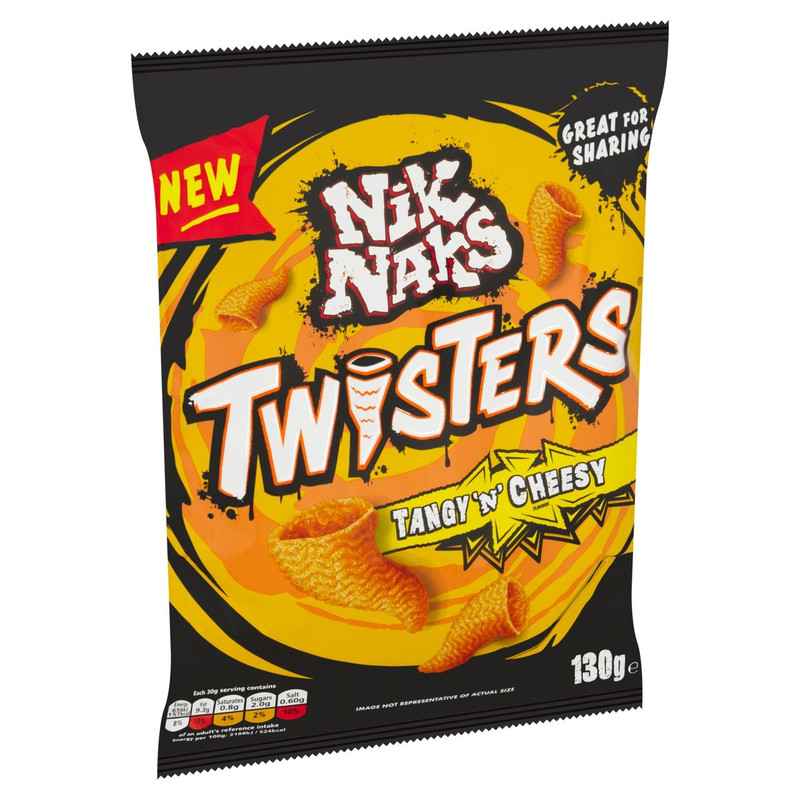 Nik Naks Twisters Tangy 'n' Cheesy Snacks, 130g, pack shot 5, available at crisps.biz