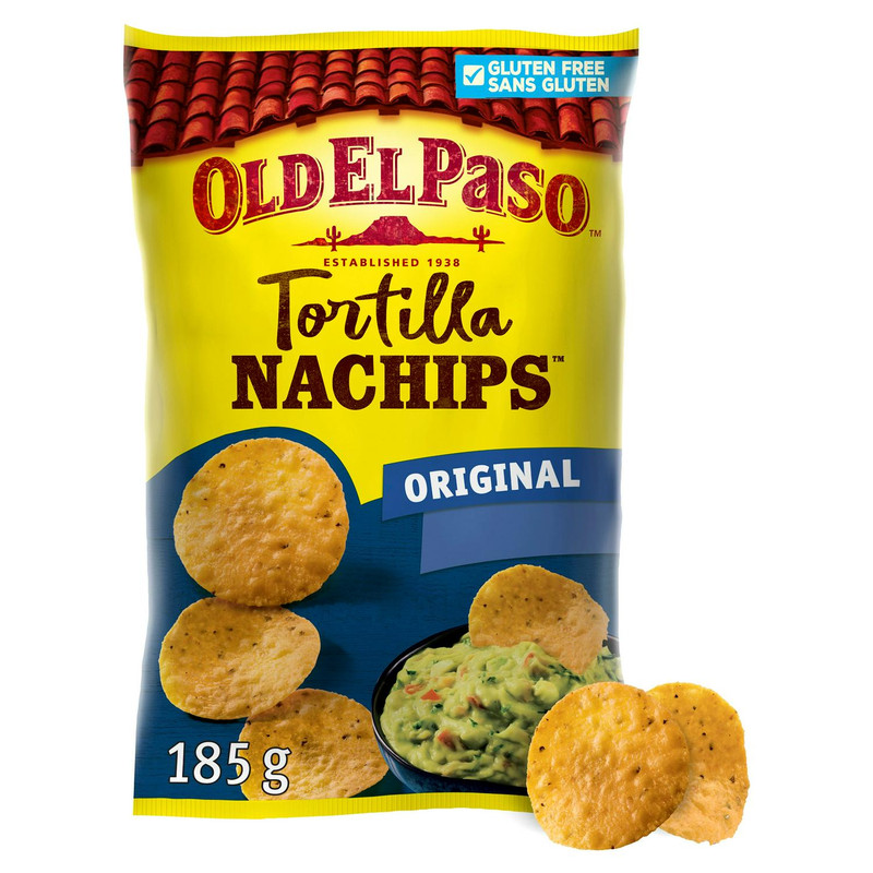Old El Paso Tortilla Nachips Original, 185g, front of pack, available at crisps.biz