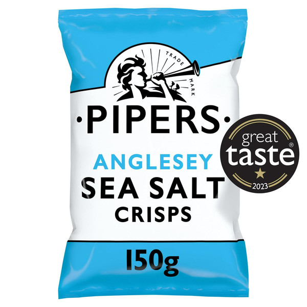 Pipers Anglesey Sea Salt Crisps, 150g, front of pack, available at crisps.biz