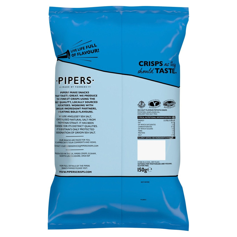 Pipers Anglesey Sea Salt Crisps, 150g, pack shot 2, available at crisps.biz