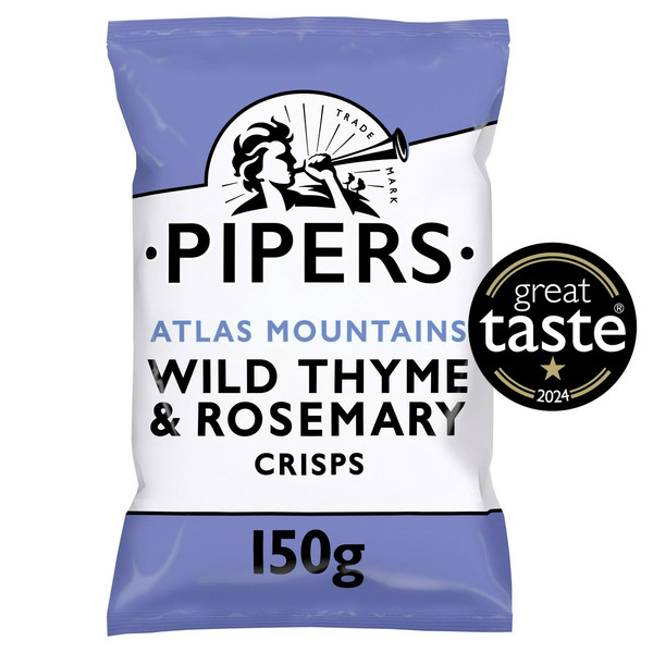 Pipers Atlas Mountains Wild Thyme and Rosemary Crisps, 150g, front of pack, available at crisps.biz