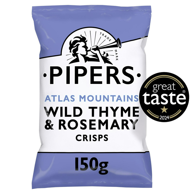 Pipers Atlas Mountains Wild Thyme and Rosemary Crisps, 150g, front of pack, available at crisps.biz