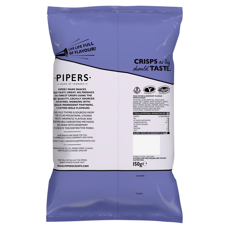 Pipers Atlas Mountains Wild Thyme and Rosemary Crisps, 150g, pack shot 2, available at crisps.biz