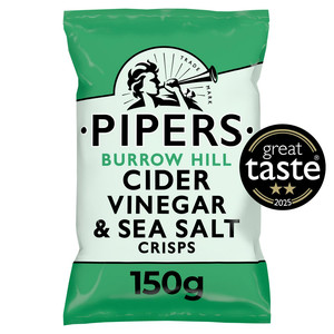 Pipers Burrow Hill Cider Vinegar and Sea Salt Crisps, 150g, front of pack, available at crisps.biz