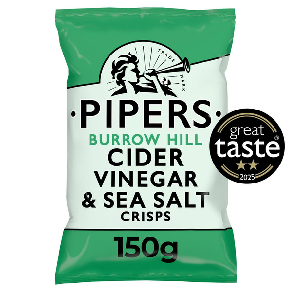 Pipers Burrow Hill Cider Vinegar and Sea Salt Crisps, 150g, front of pack, available at crisps.biz