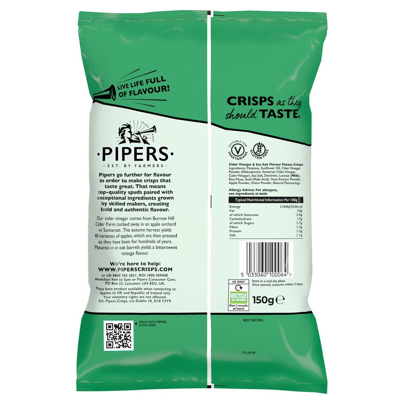 Pipers Burrow Hill Cider Vinegar and Sea Salt Crisps, 150g, pack shot 2, available at crisps.biz