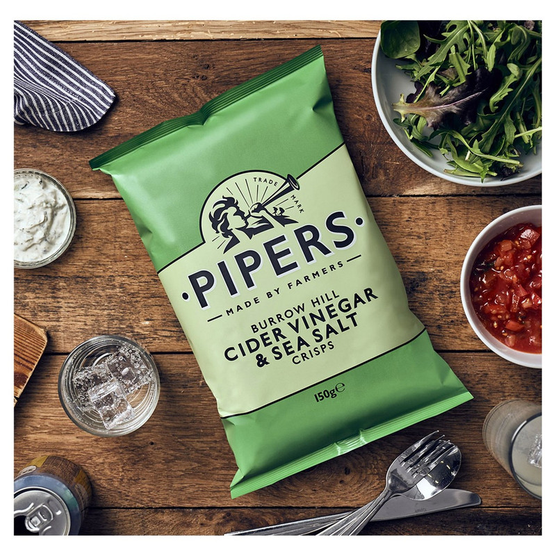 Pipers Burrow Hill Cider Vinegar and Sea Salt Crisps, 150g, pack shot 3, available at crisps.biz