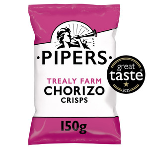 Pipers Trealy Farm Chorizo Crisps, 150g, front of pack, available at crisps.biz