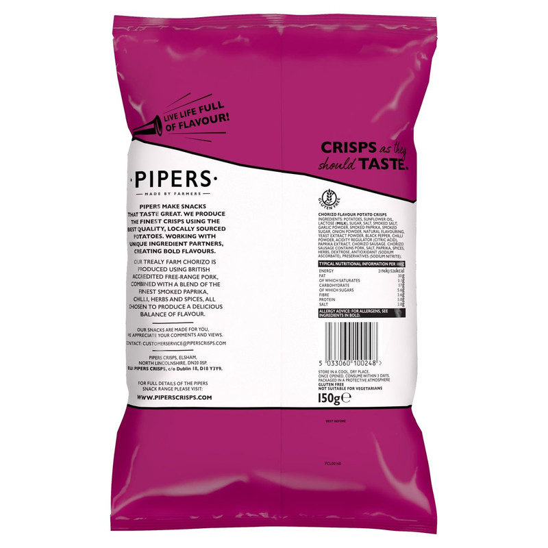 Pipers Trealy Farm Chorizo Crisps, 150g, pack shot 2, available at crisps.biz