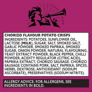 Pipers Trealy Farm Chorizo Crisps, 150g, pack shot 3, available at crisps.biz
