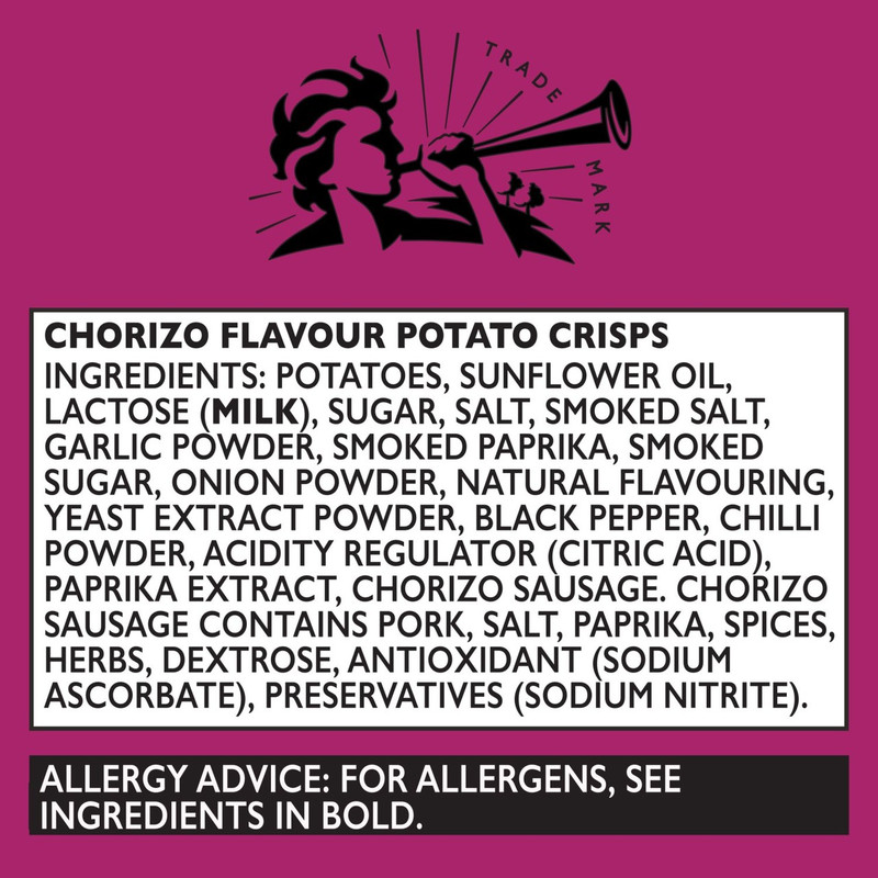 Pipers Trealy Farm Chorizo Crisps, 150g, pack shot 3, available at crisps.biz