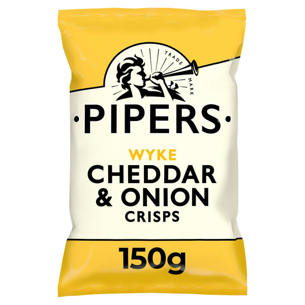 Pipers Wyke Cheddar and Onion Crisps, 150g, front of pack, available at crisps.biz