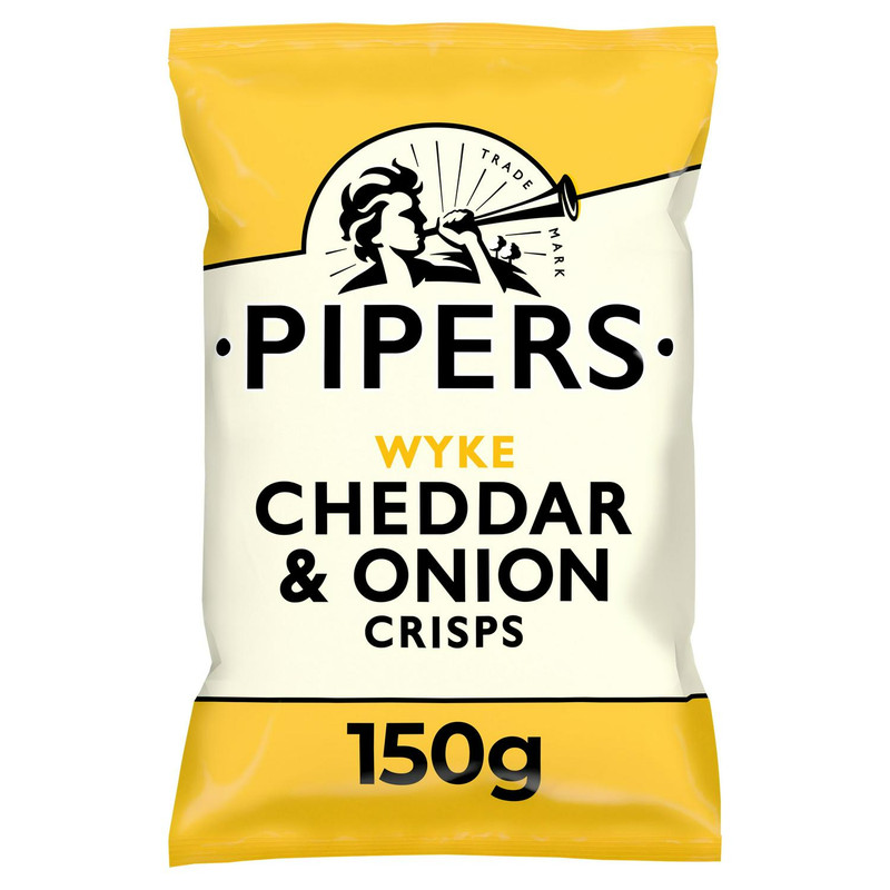 Pipers Wyke Cheddar and Onion Crisps, 150g, front of pack, available at crisps.biz
