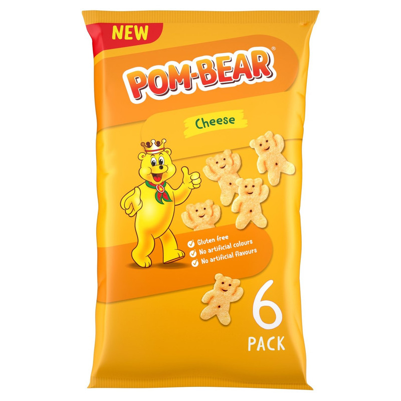 Pom-Bear Cheese Snacks, 6 x 13g, front of pack, available at crisps.biz