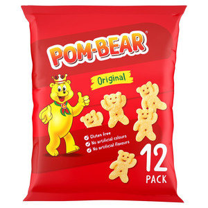 Pom-Bear Original Snacks, 12 x 13g, front of pack, available at crisps.biz