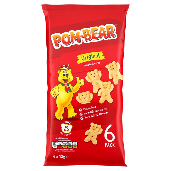 Pom-Bear Original Snacks, 6 x 13g, front of pack, available at crisps.biz