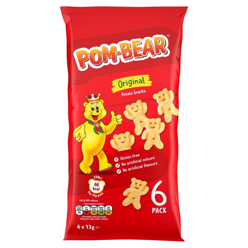 Pom-Bear Original Snacks, 6 x 13g, front of pack, available at crisps.biz