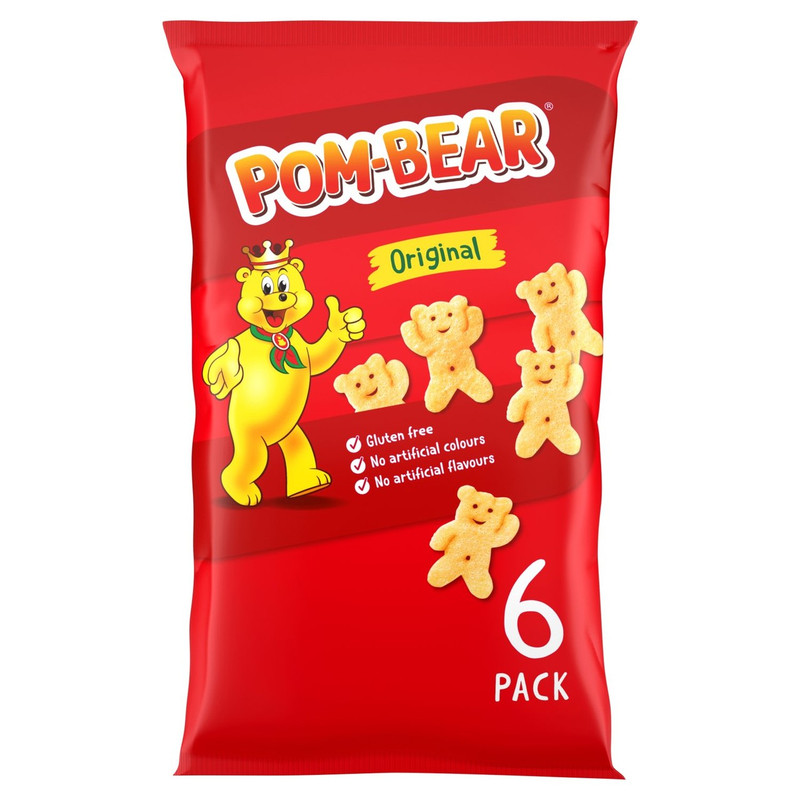 Pom-Bear Original Snacks, 6 x 13g, pack shot 2, available at crisps.biz