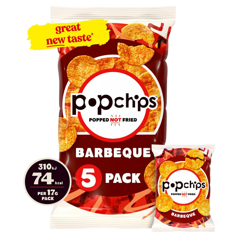 Popchips Barbeque Crisps, 5 x 17g, front of pack, available at crisps.biz