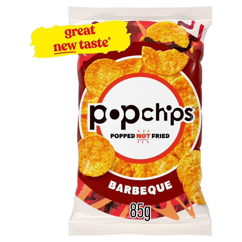 Popchips Barbeque Crisps, 85g, front of pack, available at crisps.biz