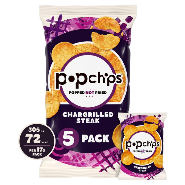 Popchips Chargrilled Steak Crisps, 5 x 17g, front of pack, available at crisps.biz