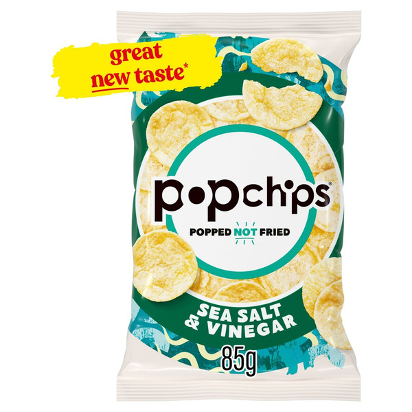 Popchips Sea Salt and Vinegar Crisps, 85g, front of pack, available at crisps.biz