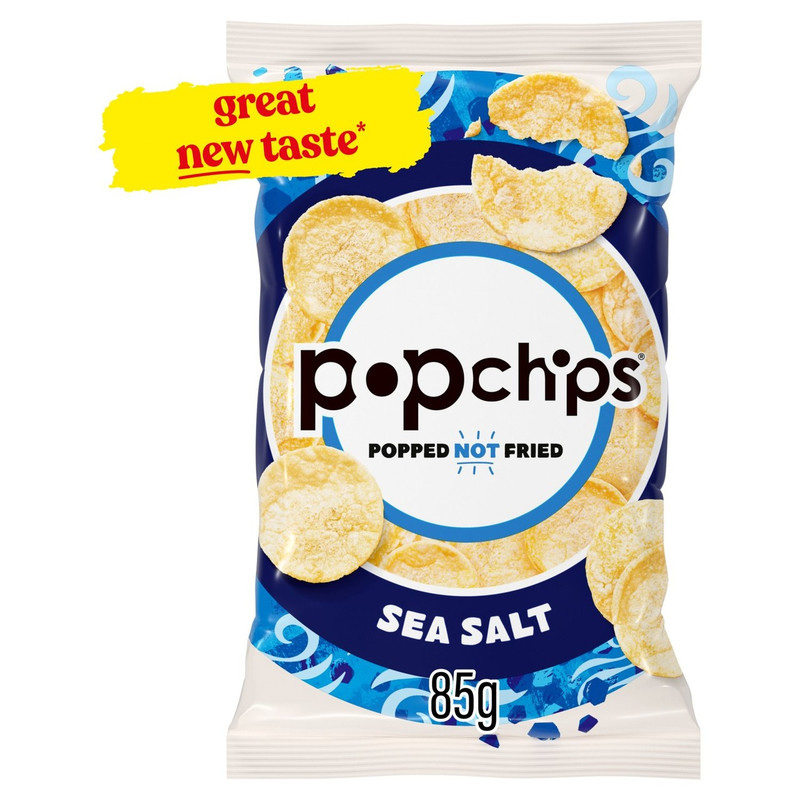 Popchips Sea Salt Crisps, 85g, front of pack, available at crisps.biz