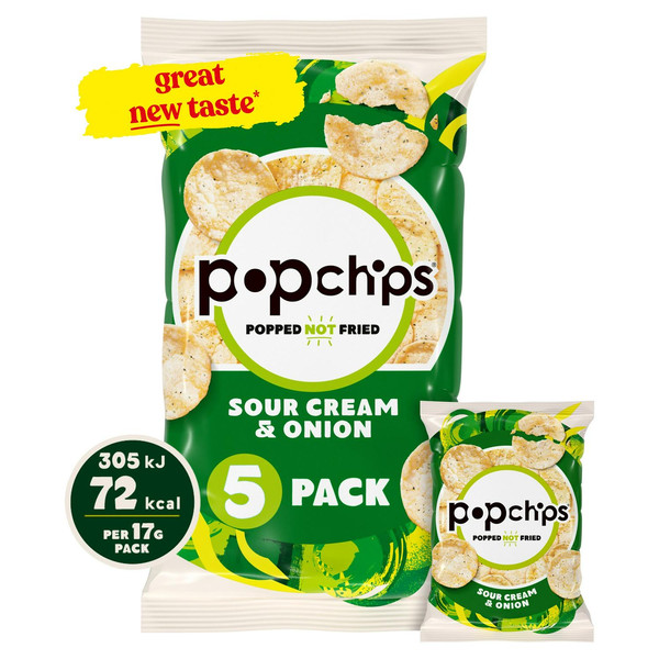 Popchips Sour Cream and Onion Crisps, 5 x 17g, front of pack, available at crisps.biz