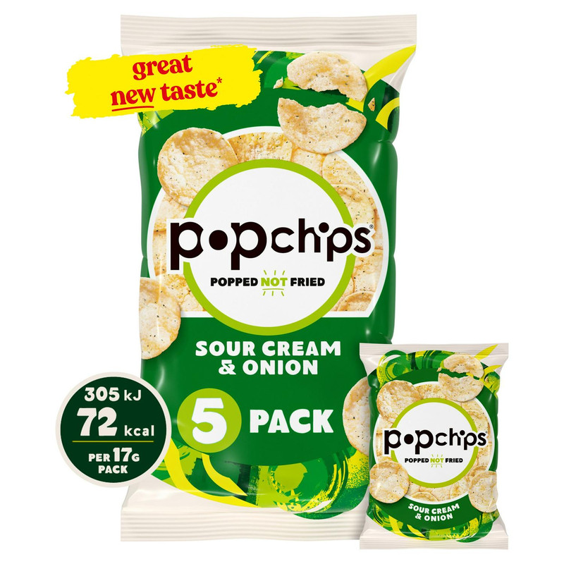 Popchips Sour Cream and Onion Crisps, 5 x 17g, front of pack, available at crisps.biz