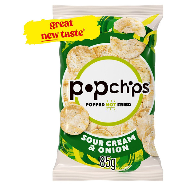 Popchips Sour Cream and Onion Crisps, 85g, front of pack, available at crisps.biz