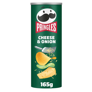 Pringles Cheese and Onion Crisps, 165g, front of pack, available at crisps.biz