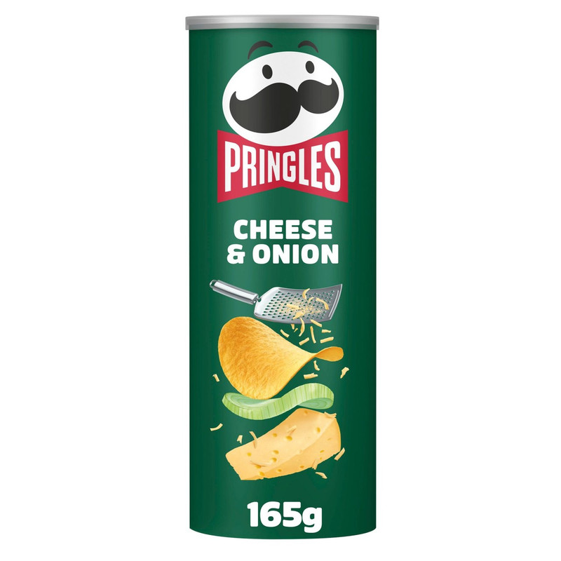 Pringles Cheese and Onion Crisps, 165g, front of pack, available at crisps.biz