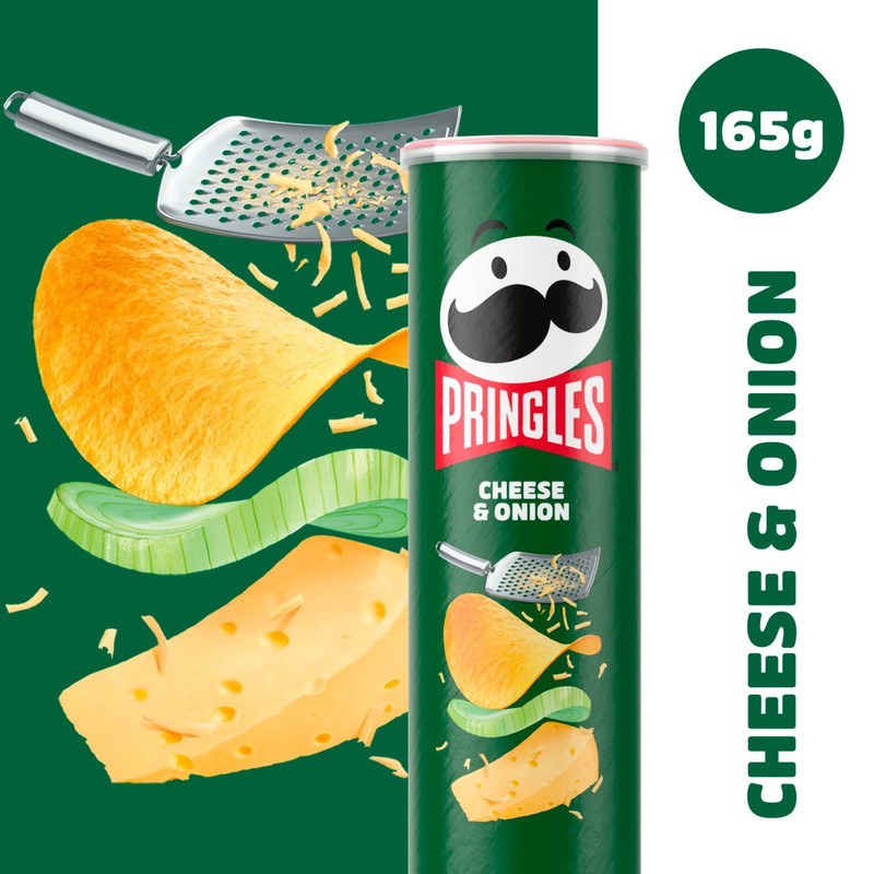 Pringles Cheese and Onion Crisps, 165g, pack shot 2, available at crisps.biz