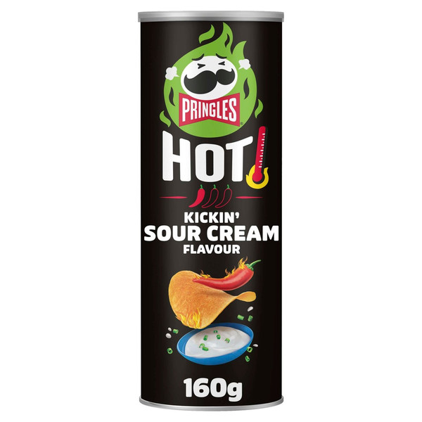 Pringles Hot Kickin' Sour Cream Crisps, 160g, front of pack, available at crisps.biz