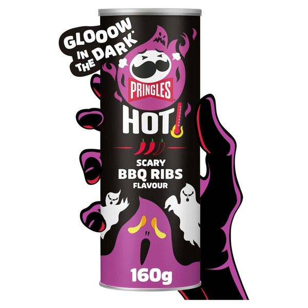 Pringles Hot Smokin' BBQ Ribs Crisps, 160g, front of pack, available at crisps.biz