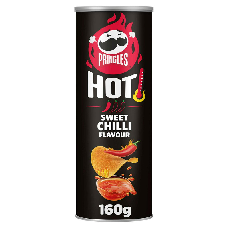 Pringles Hot Sweet Chilli Crisps, 160g, front of pack, available at crisps.biz