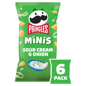 Pringles Minis Sour Cream and Onion Crisps, 6 x 20g, front of pack, available at crisps.biz