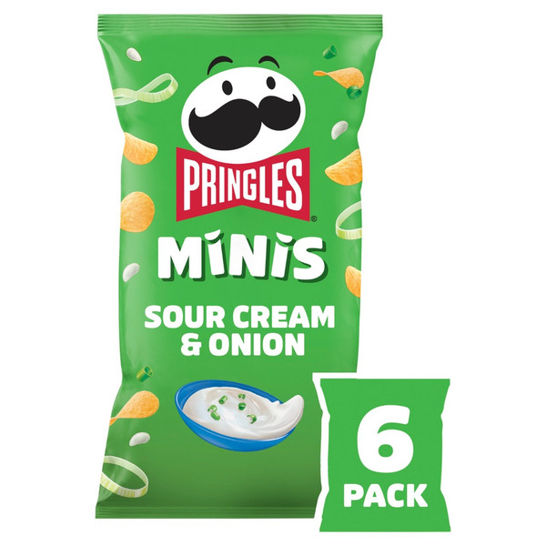 Pringles Minis Sour Cream and Onion Crisps, 6 x 20g, front of pack, available at crisps.biz