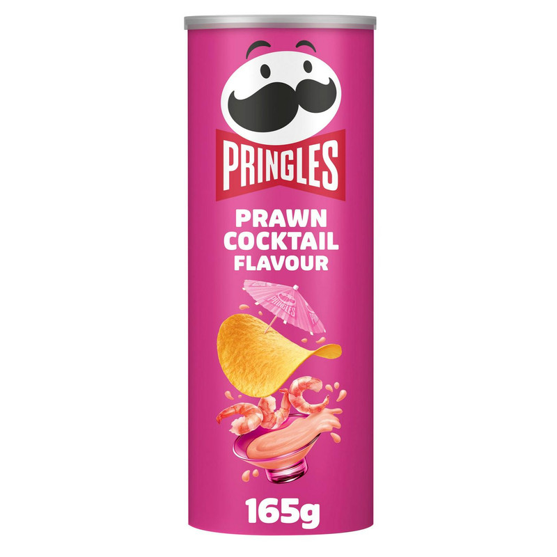 Pringles Prawn Cocktail Crisps, 165g, front of pack, available at crisps.biz