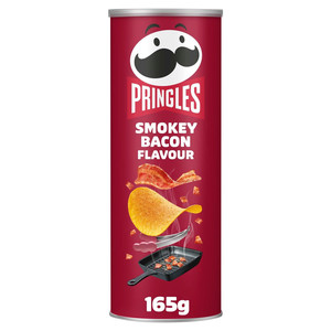 Pringles Smokey Bacon Crisps, 165g, front of pack, available at crisps.biz