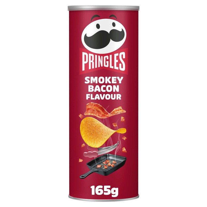 Pringles Smokey Bacon Crisps, 165g, front of pack, available at crisps.biz
