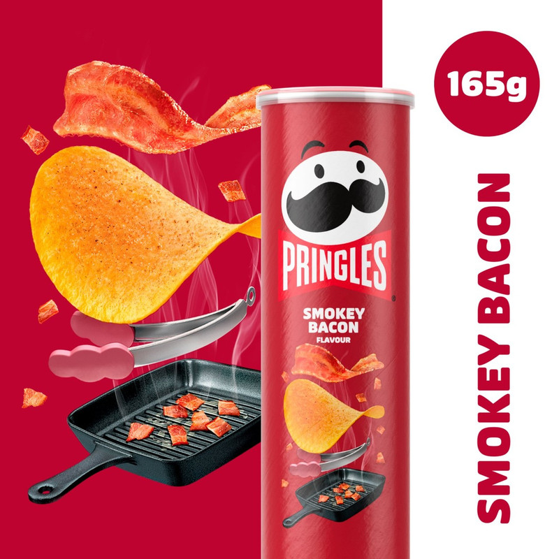 Pringles Smokey Bacon Crisps, 165g, pack shot 2, available at crisps.biz