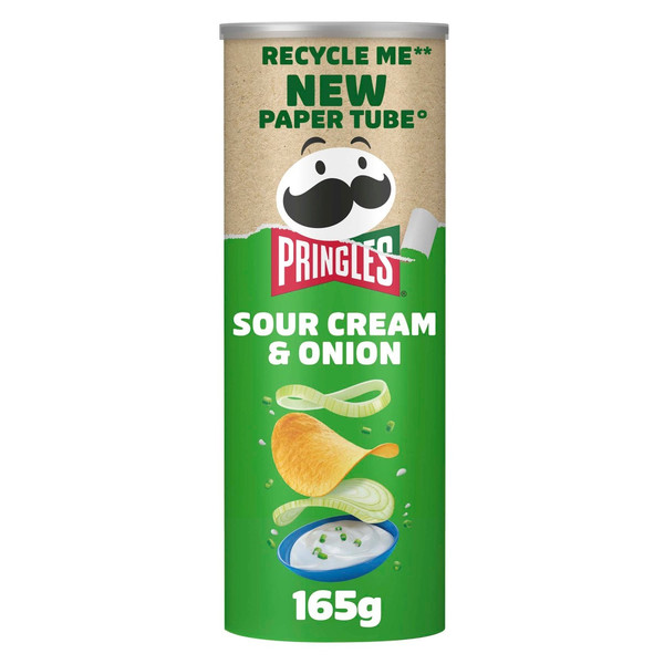 Pringles Sour Cream and Onion Crisps, 165g, front of pack, available at crisps.biz