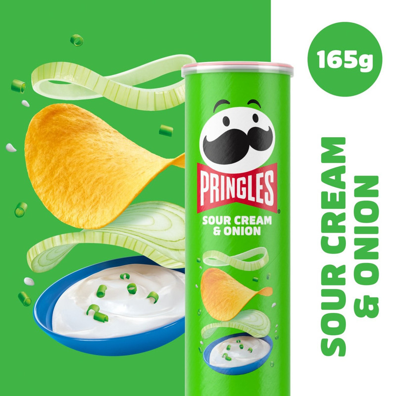 Pringles Sour Cream and Onion Crisps, 165g, pack shot 2, available at crisps.biz