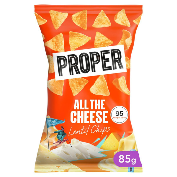 Proper All the Cheese Lentil Chips, 85g, front of pack, available at crisps.biz