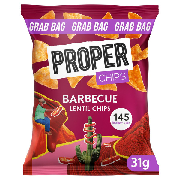 Proper Barbecue Lentil Chips, 31g, front of pack, available at crisps.biz