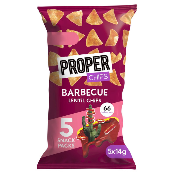 Proper Barbecue Lentil Chips, 5 x 14g, front of pack, available at crisps.biz