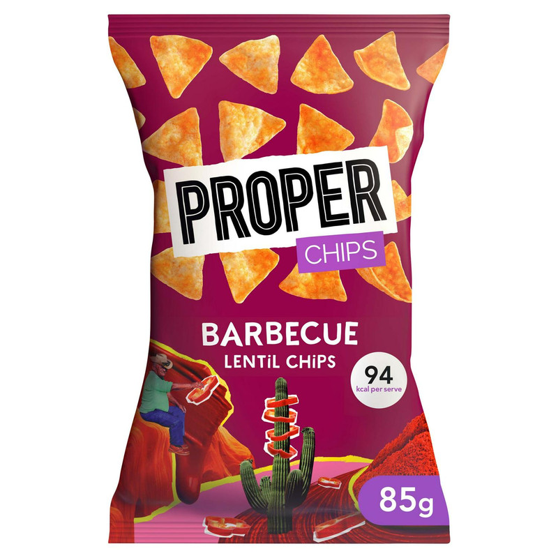 Proper Barbecue Lentil Chips, 85g, front of pack, available at crisps.biz