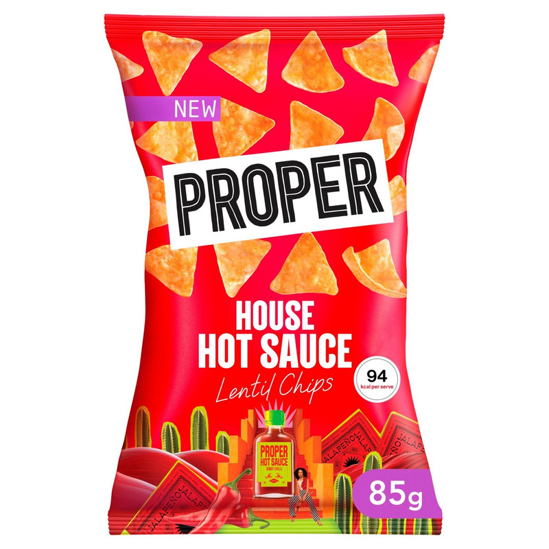 Proper Hot Sauce House Lentil Chips, 85g, front of pack, available at crisps.biz