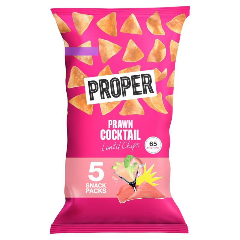Proper Prawn Cocktail Lentil Chips, 5 x 14g, front of pack, available at crisps.biz